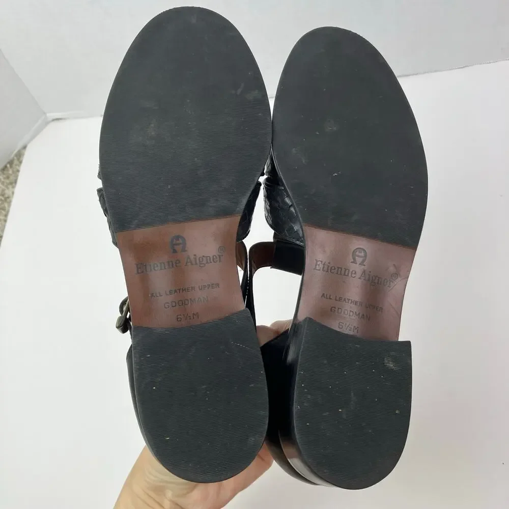 Etienne Aigner Sz 6.5 Vintage 90s T-strap Closed Toe Fisherman Sandals Black